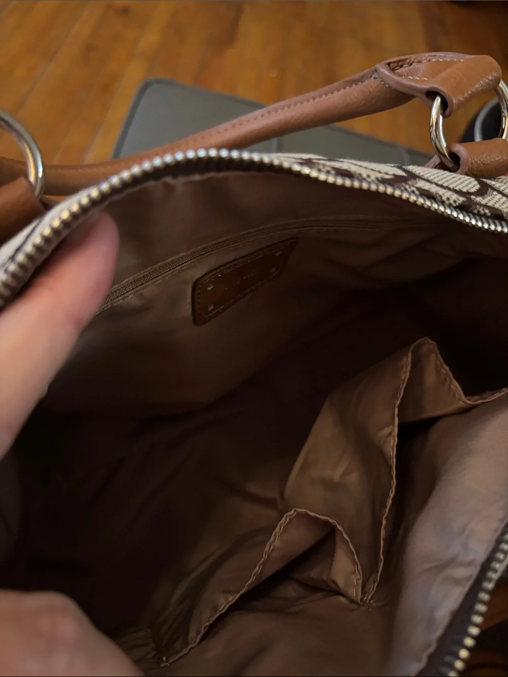 Nine West Beige and Brown Jacquard Satchel
